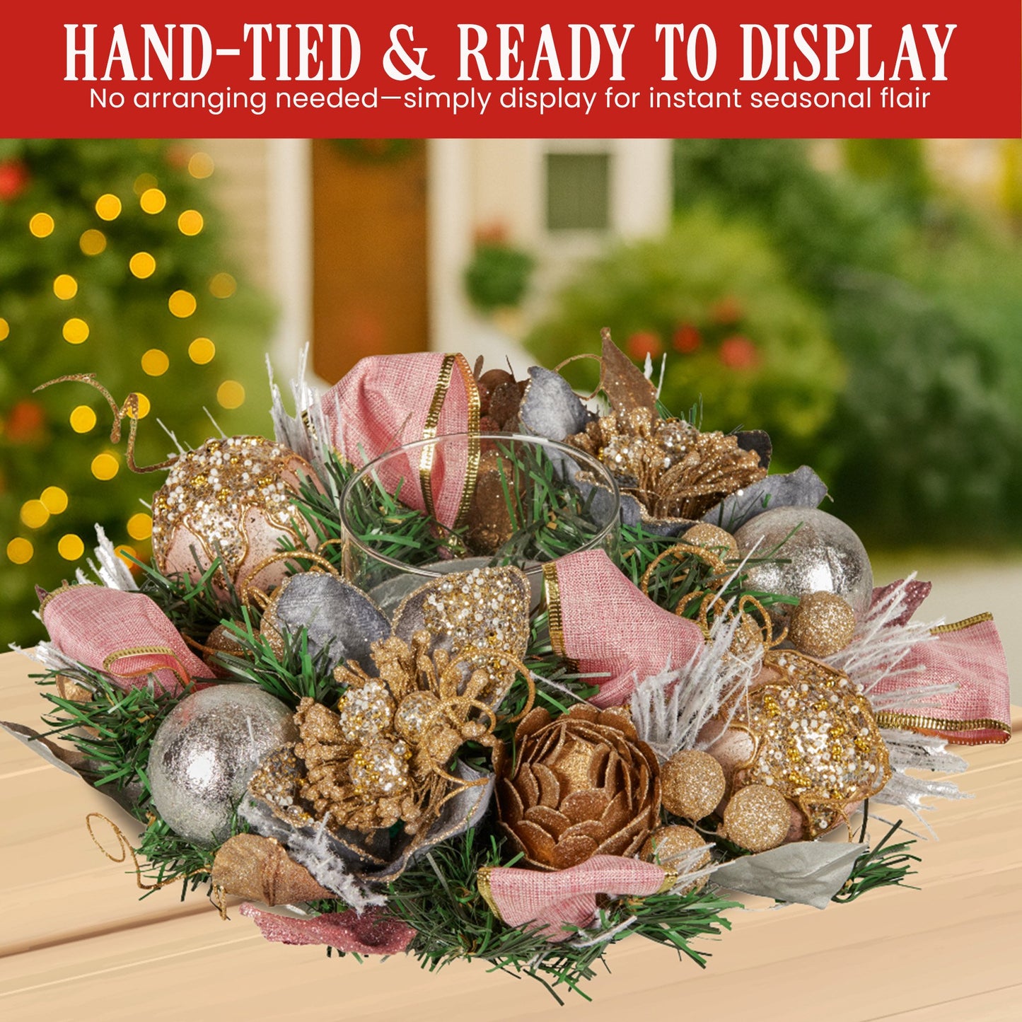 Christabelle 26cm Christmas Centrepiece Lush Green Holiday w/Jewelled Baubles, Foliage, Flowers, Pine Cones, Ribbon - Image 8
