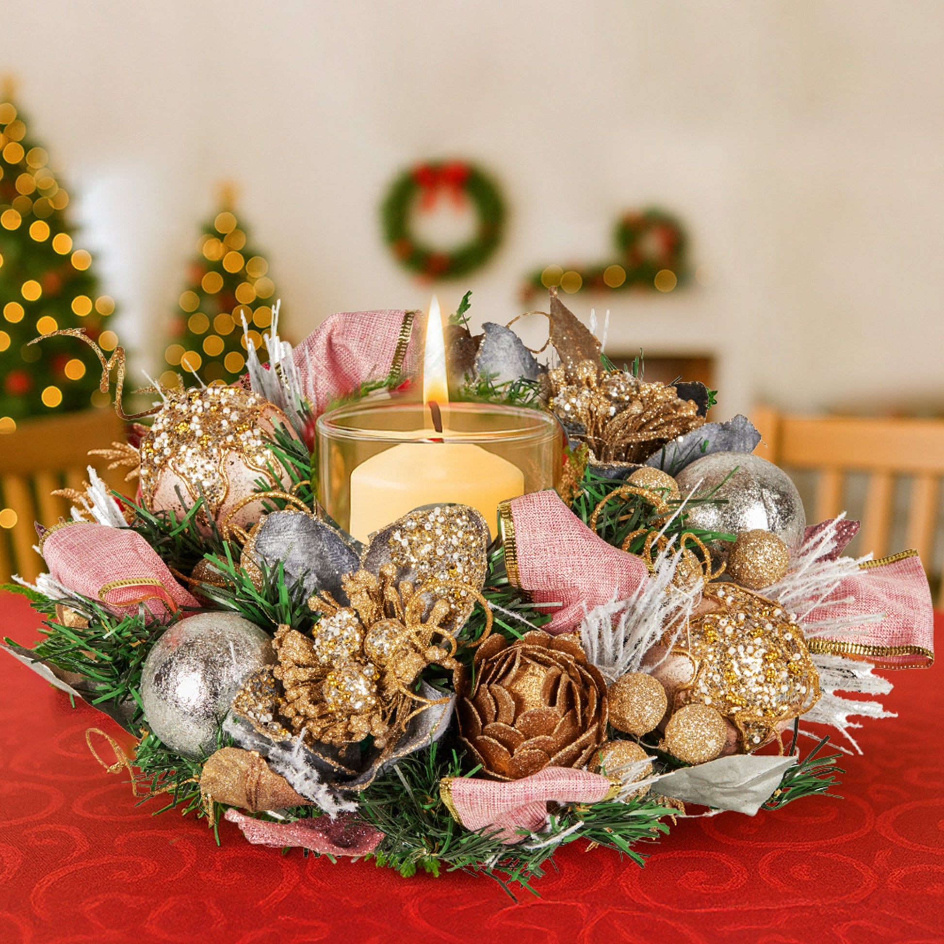 Christabelle 26cm Christmas Centrepiece Lush Green Holiday w/Jewelled Baubles, Foliage, Flowers, Pine Cones, Ribbon - Image 9