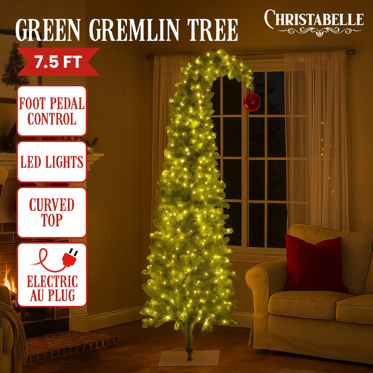 Christabelle 7.5ft Christmas Gremlin Tree Curved Top Red Bauble Built-in Green White LED Lights Control Base & Cord - Image 2