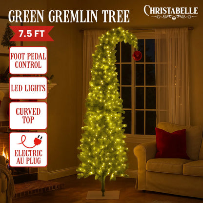 Christabelle 7.5ft Christmas Gremlin Tree Curved Top Red Bauble Built-in Green White LED Lights Control Base & Cord - Image 2