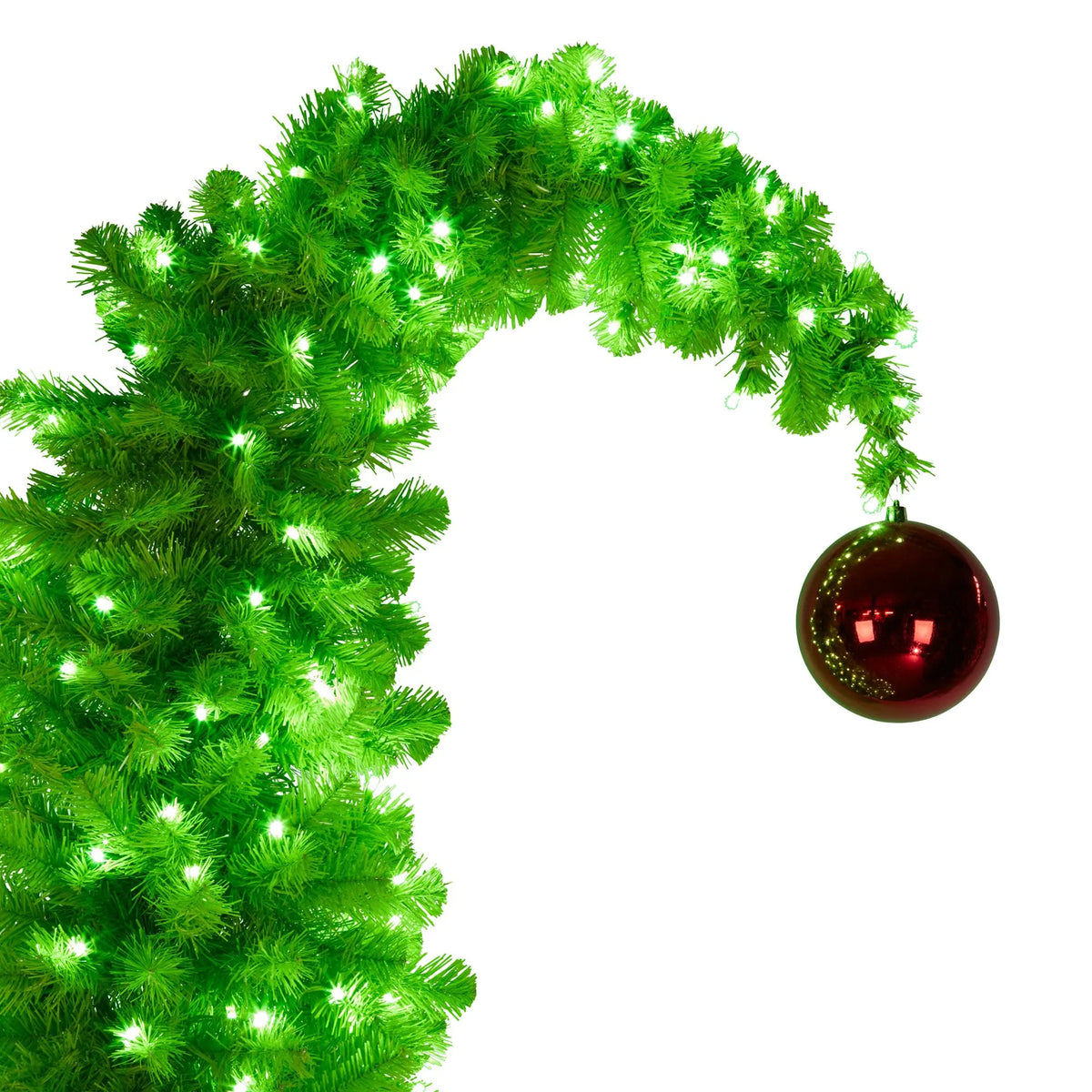 Christabelle 7.5ft Christmas Gremlin Tree Curved Top Red Bauble Built-in Green White LED Lights Control Base & Cord - Image 3