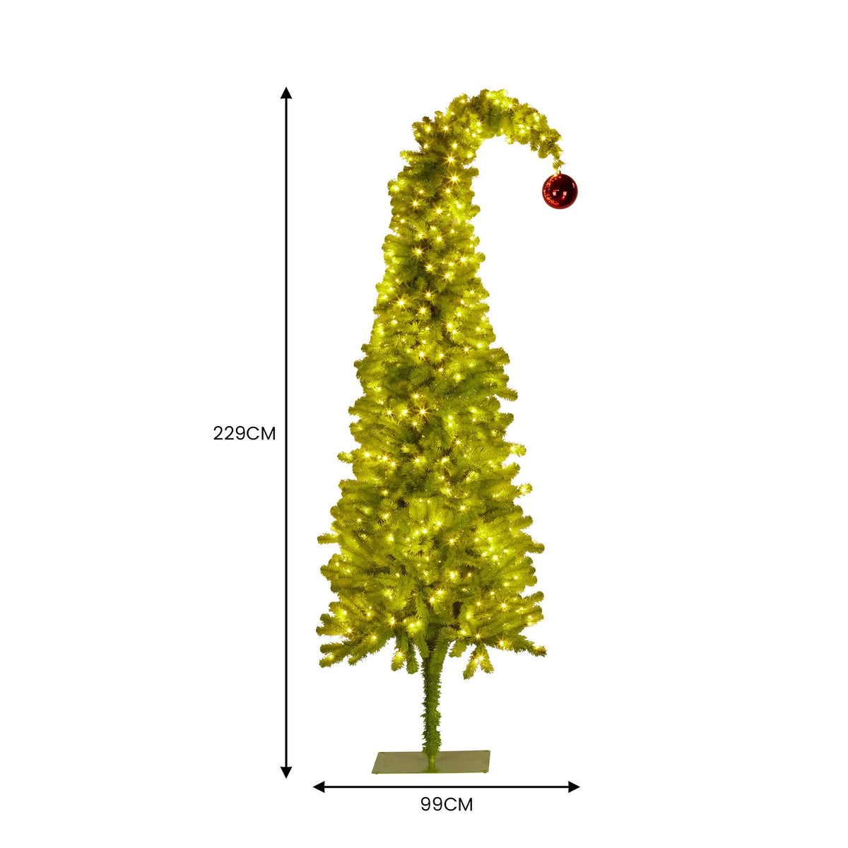 Christabelle 7.5ft Christmas Gremlin Tree Curved Top Red Bauble Built-in Green White LED Lights Control Base & Cord - Image 4