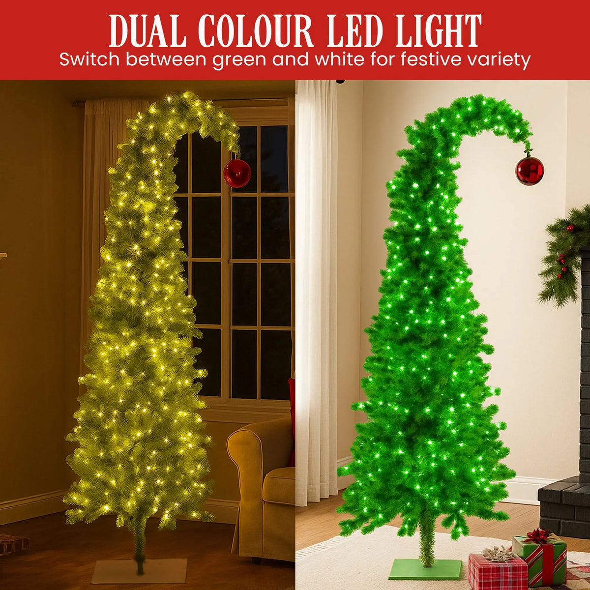 Christabelle 7.5ft Christmas Gremlin Tree Curved Top Red Bauble Built-in Green White LED Lights Control Base & Cord - Image 5
