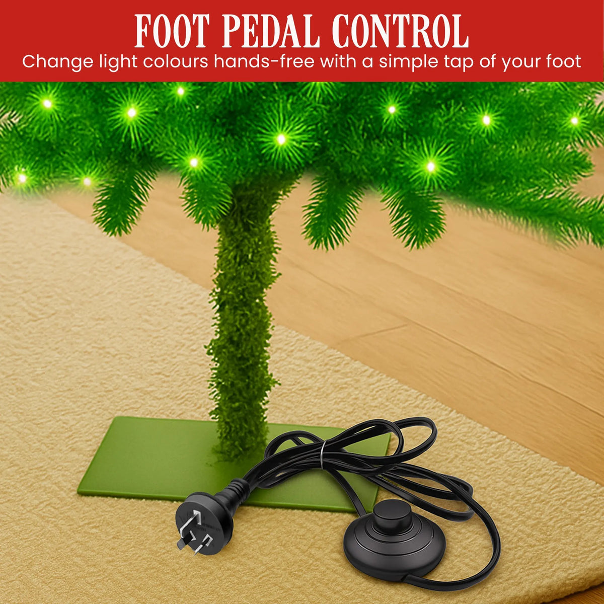 Christabelle 7.5ft Christmas Gremlin Tree Curved Top Red Bauble Built-in Green White LED Lights Control Base & Cord - Image 6