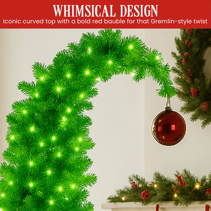 Christabelle 7.5ft Christmas Gremlin Tree Curved Top Red Bauble Built-in Green White LED Lights Control Base & Cord - Image 7