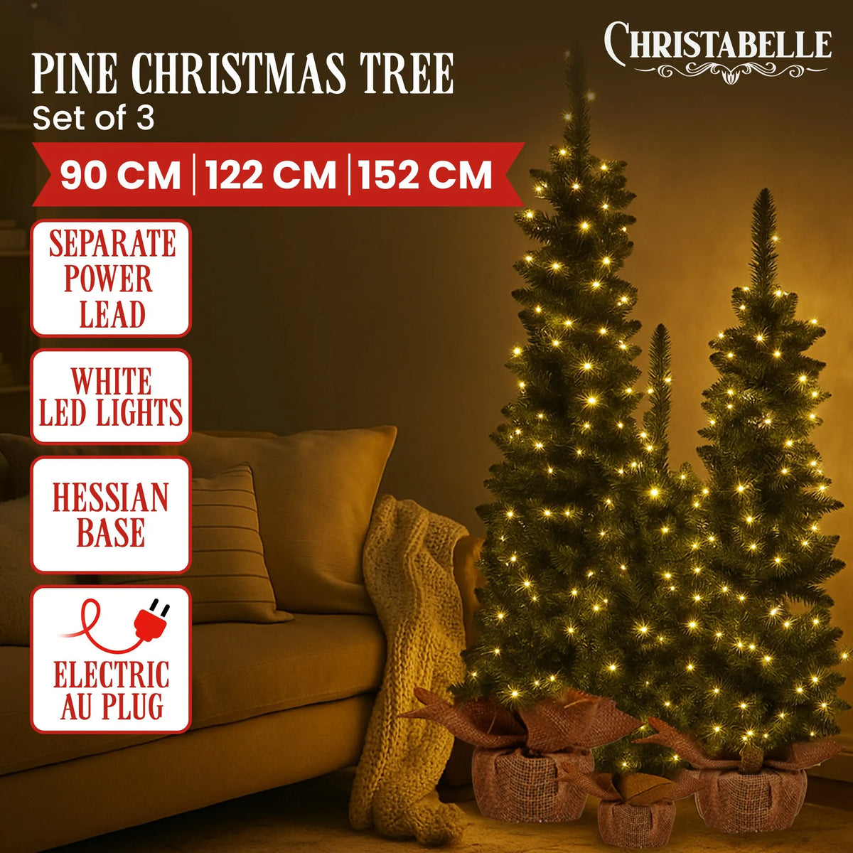 Christabelle Set of 3 Pre-Lit Christmas Trees Green Pine w/LED Lights, Hessian Base & Individual Plugs Varying Heights - Image 2