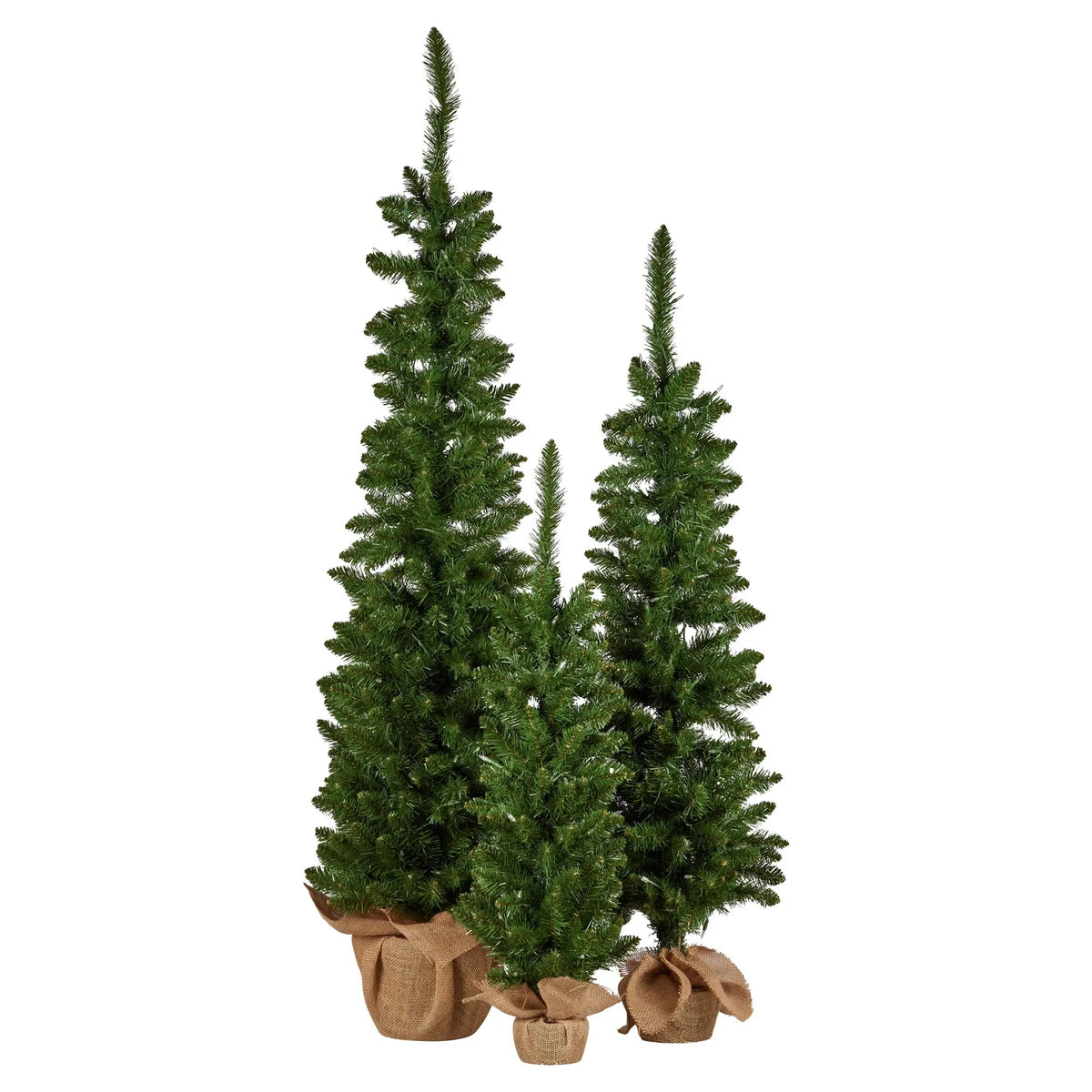 Christabelle Set of 3 Pre-Lit Christmas Trees Green Pine w/LED Lights, Hessian Base & Individual Plugs Varying Heights - Image 3