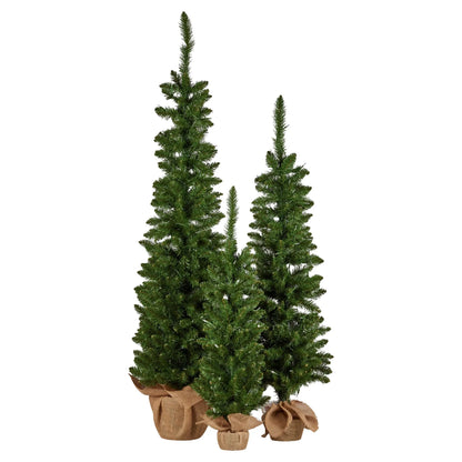 Christabelle Set of 3 Pre-Lit Christmas Trees Green Pine w/LED Lights, Hessian Base & Individual Plugs Varying Heights - Image 3