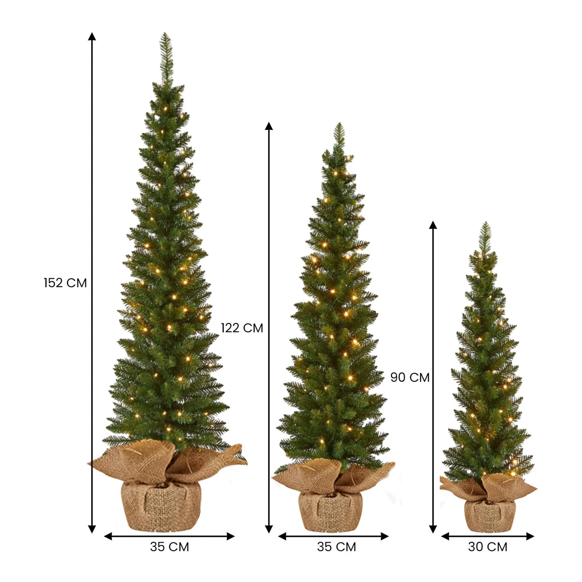 Christabelle Set of 3 Pre-Lit Christmas Trees Green Pine w/LED Lights, Hessian Base & Individual Plugs Varying Heights - Image 4