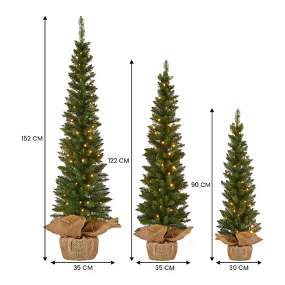 Christabelle Set of 3 Pre-Lit Christmas Trees Green Pine w/LED Lights, Hessian Base & Individual Plugs Varying Heights - Image 4