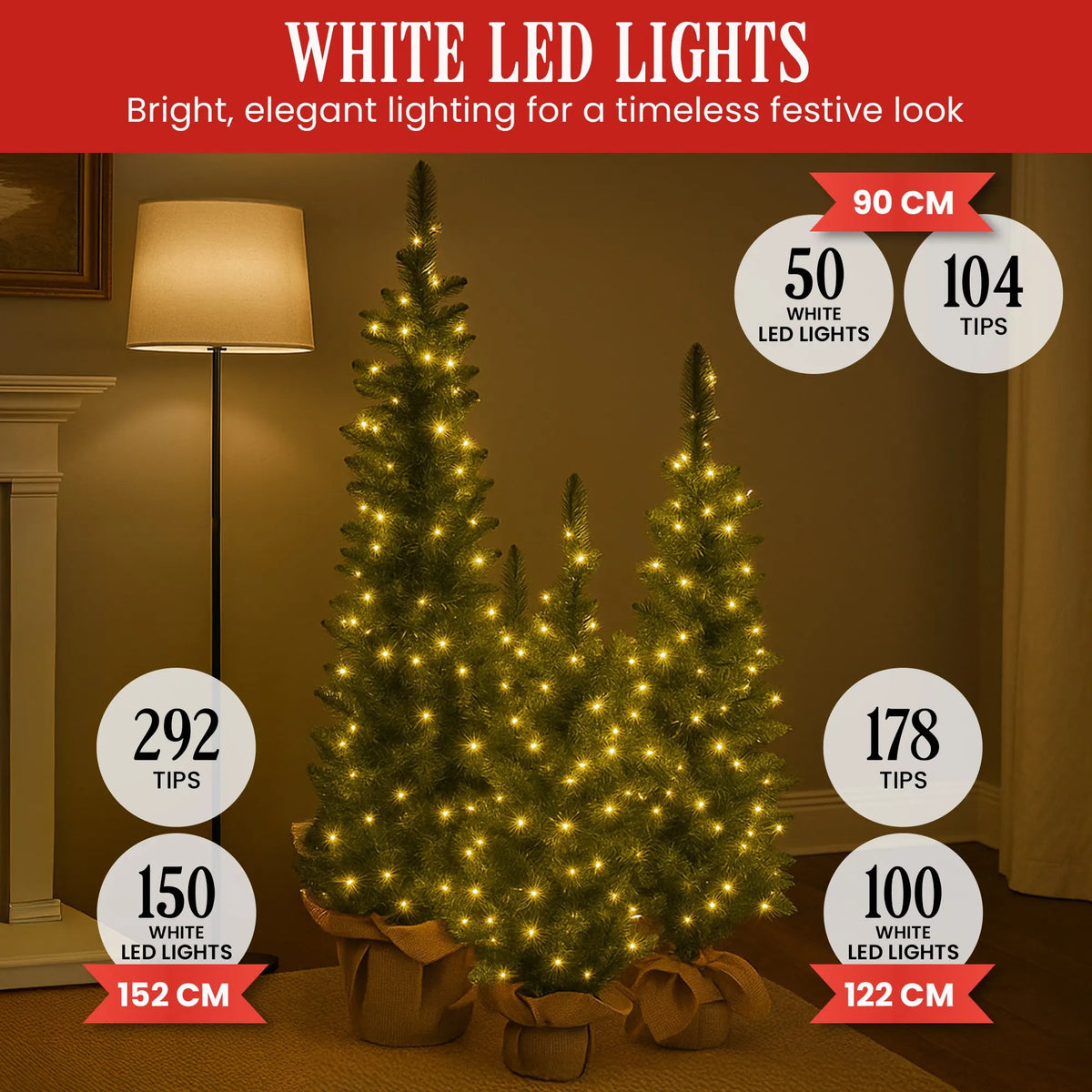 Christabelle Set of 3 Pre-Lit Christmas Trees Green Pine w/LED Lights, Hessian Base & Individual Plugs Varying Heights - Image 6