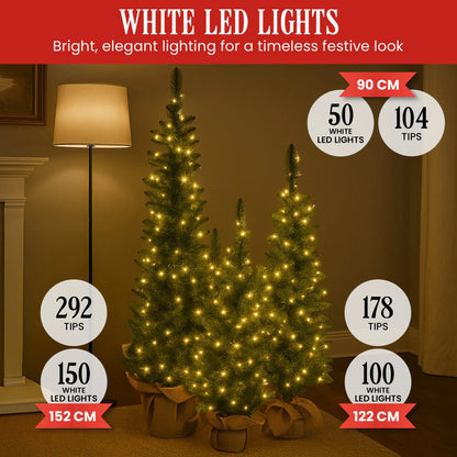 Christabelle Set of 3 Pre-Lit Christmas Trees Green Pine w/LED Lights, Hessian Base & Individual Plugs Varying Heights - Image 6