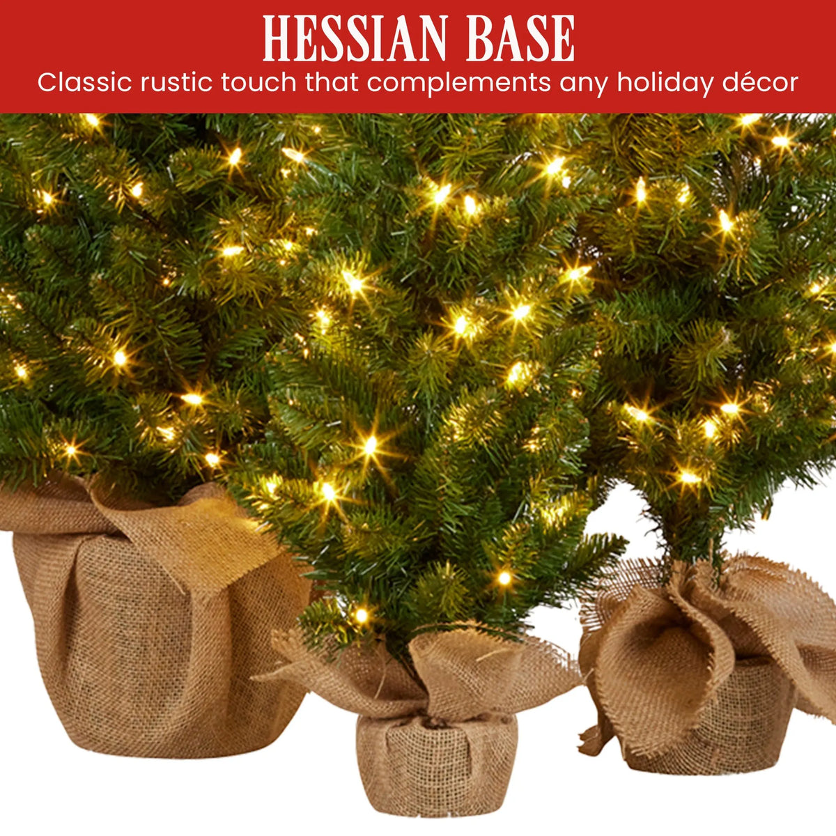 Christabelle Set of 3 Pre-Lit Christmas Trees Green Pine w/LED Lights, Hessian Base & Individual Plugs Varying Heights - Image 8