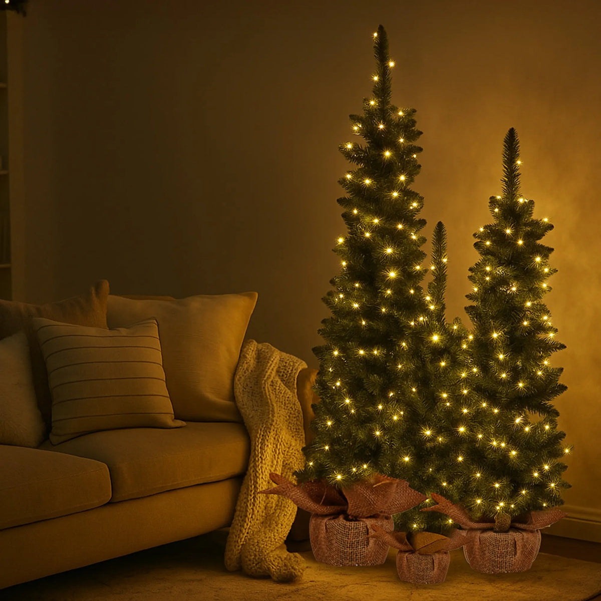 Christabelle Set of 3 Pre-Lit Christmas Trees Green Pine w/LED Lights, Hessian Base & Individual Plugs Varying Heights - Image 9