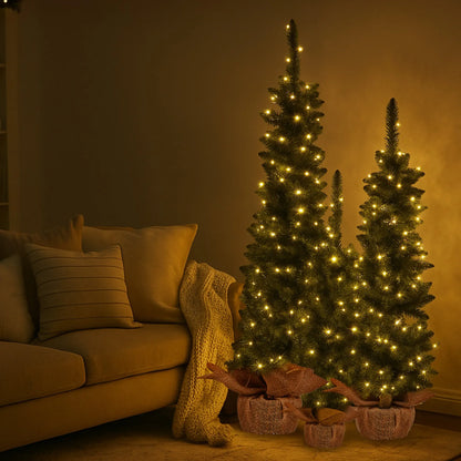 Christabelle Set of 3 Pre-Lit Christmas Trees Green Pine w/LED Lights, Hessian Base & Individual Plugs Varying Heights - Image 9