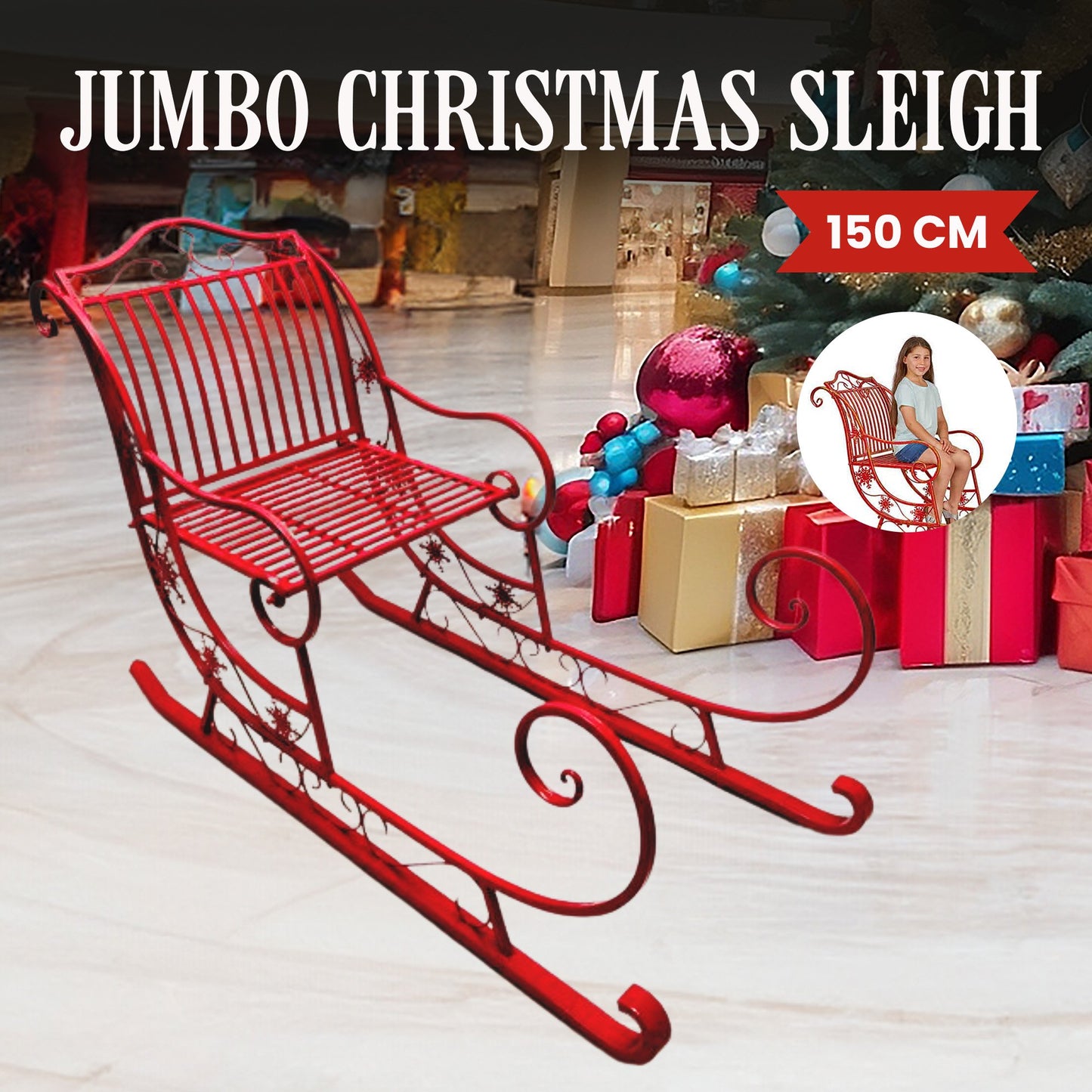 Christabelle Christmas Sleigh With Red Finish - Metal 150cm - Image 3