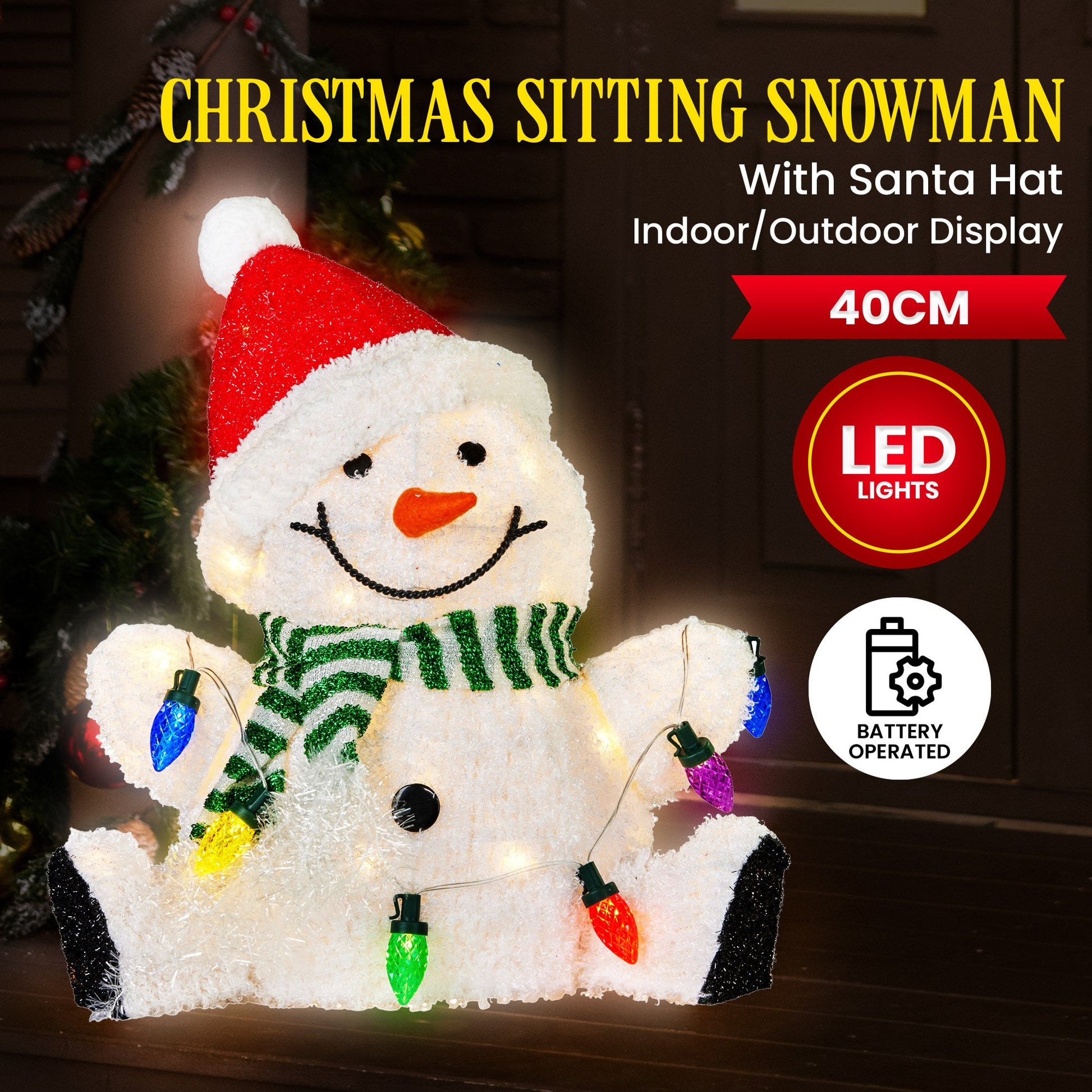 Christabelle Sitting Christmas Snowman Display With Lights - 40cm - Image 3