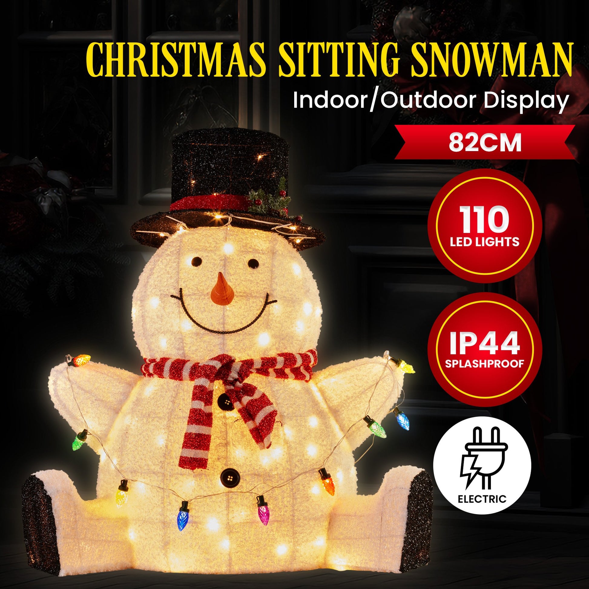 Christabelle 82cm Sitting Snowman Christmas Display with Lights - Image 3