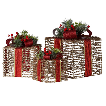 Christabelle Set Of 3 Christmas Gift Boxes With Lights - Champagne With Red Bows - Image 2