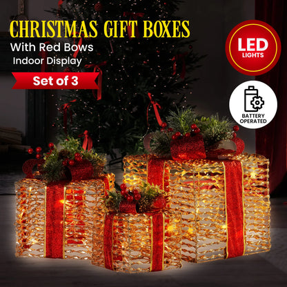 Christabelle Set Of 3 Christmas Gift Boxes With Lights - Champagne With Red Bows - Image 3