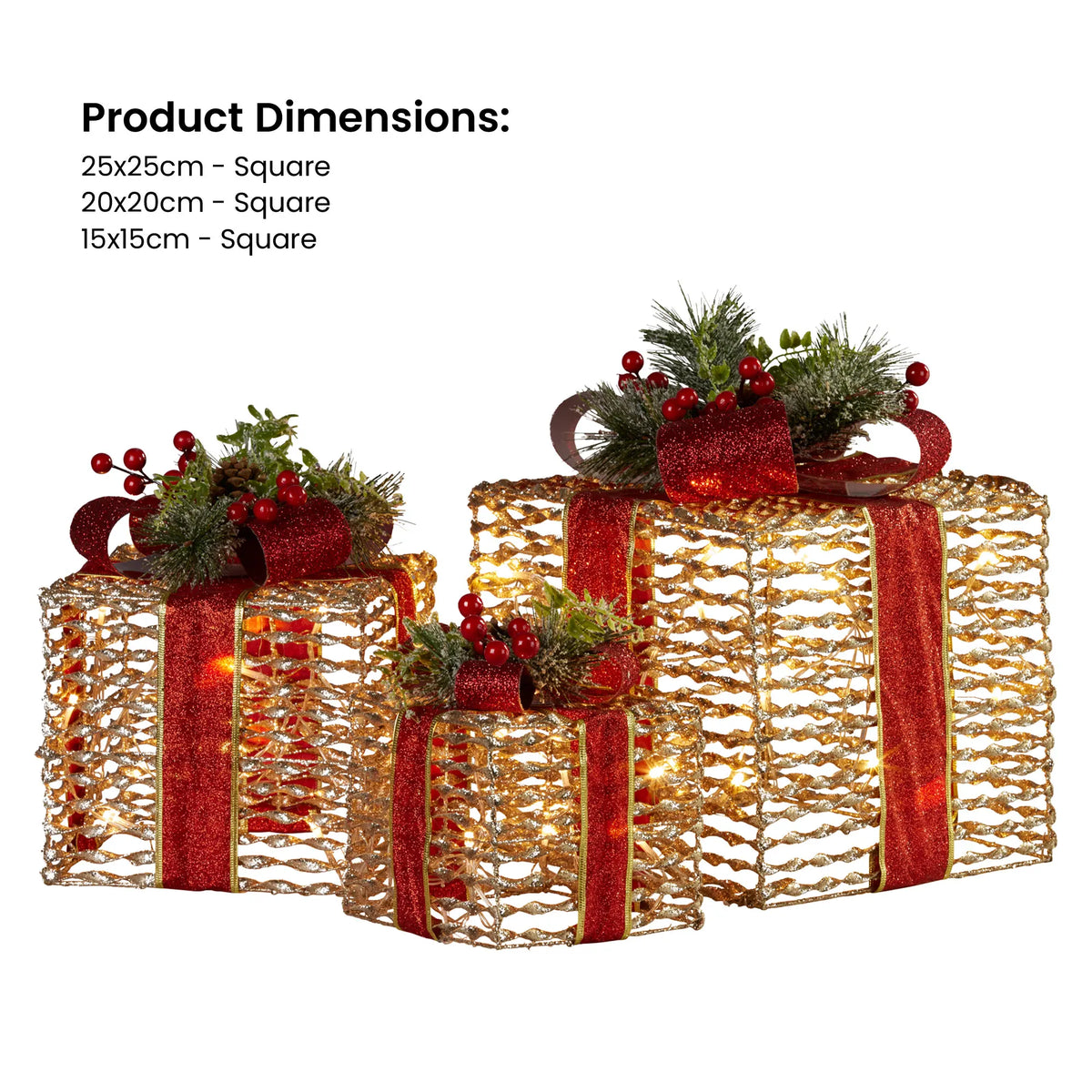 Christabelle Set Of 3 Christmas Gift Boxes With Lights - Champagne With Red Bows - Image 4