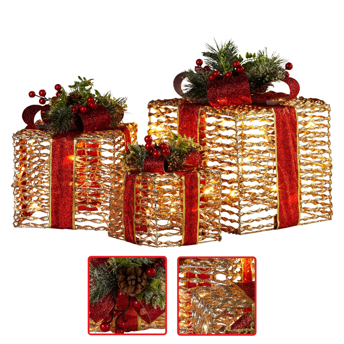 Christabelle Set Of 3 Christmas Gift Boxes With Lights - Champagne With Red Bows - Image 5