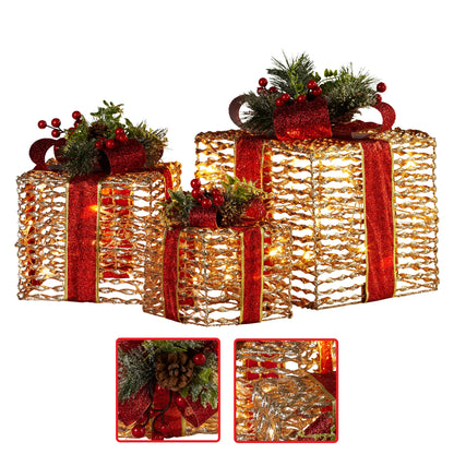 Christabelle Set Of 3 Christmas Gift Boxes With Lights - Champagne With Red Bows - Image 5
