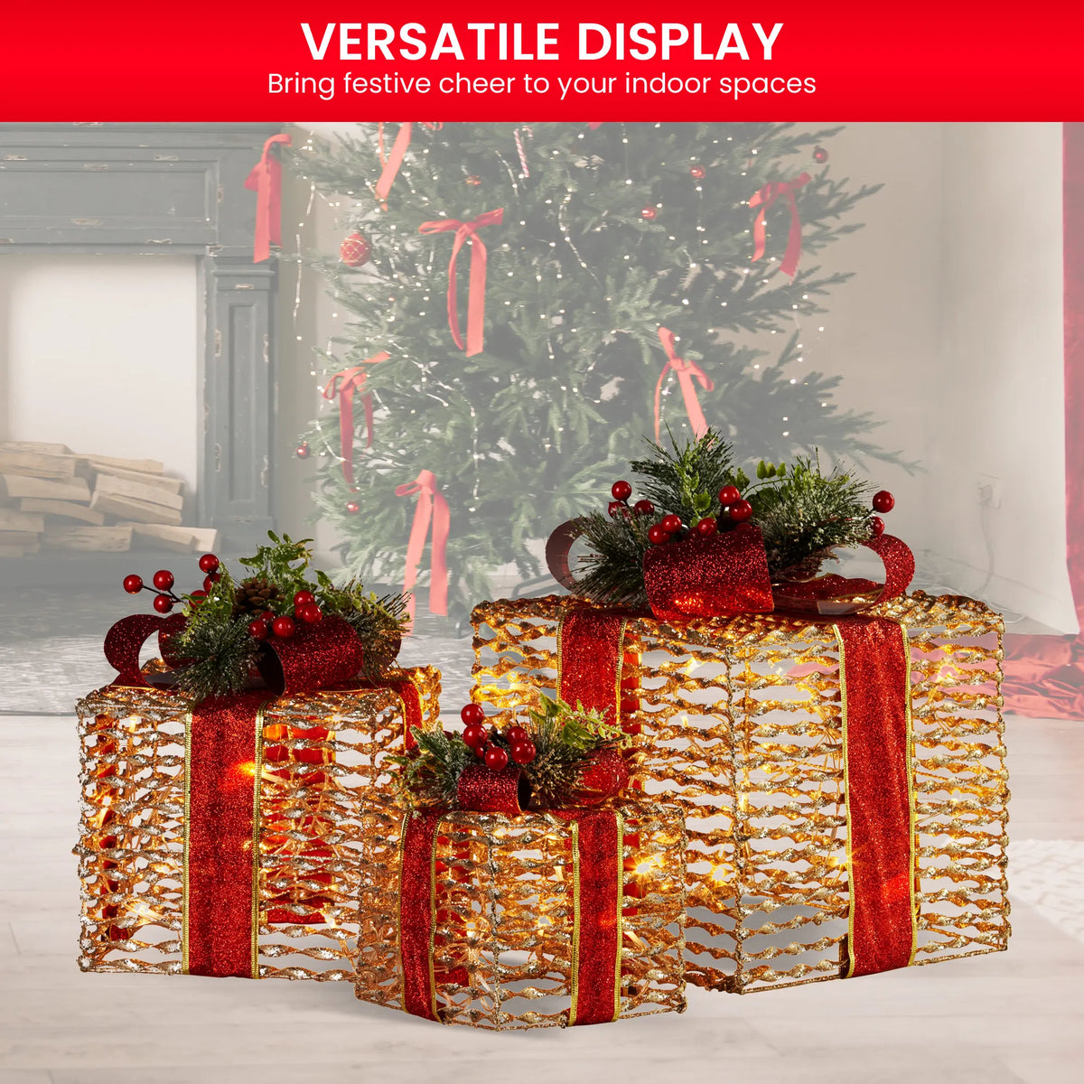 Christabelle Set Of 3 Christmas Gift Boxes With Lights - Champagne With Red Bows - Image 6