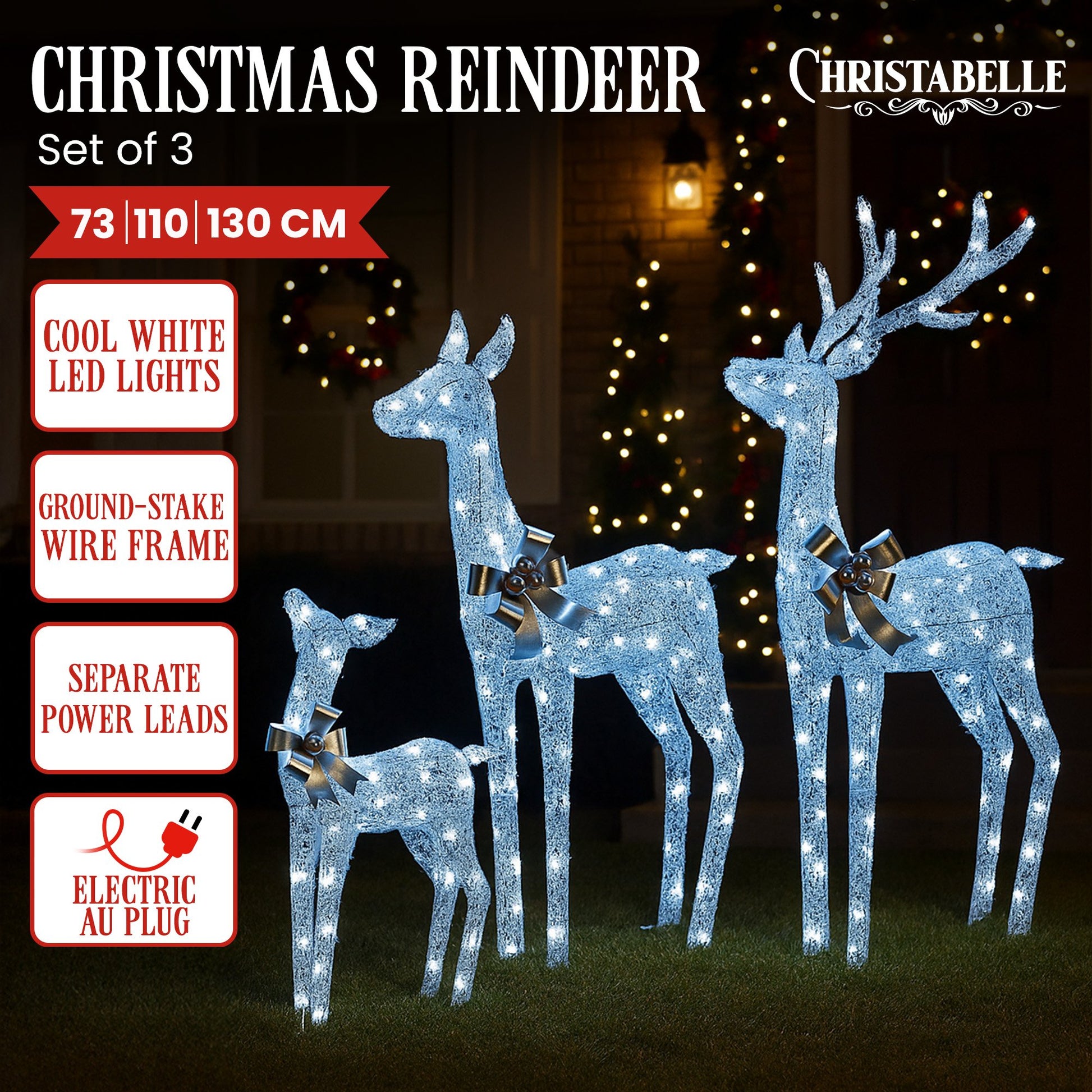 Christabelle Christmas Reindeer Display Set 3 Indoor & Outdoor Decorations Acrylic Beads Cool White LED Lights Silver - Image 2