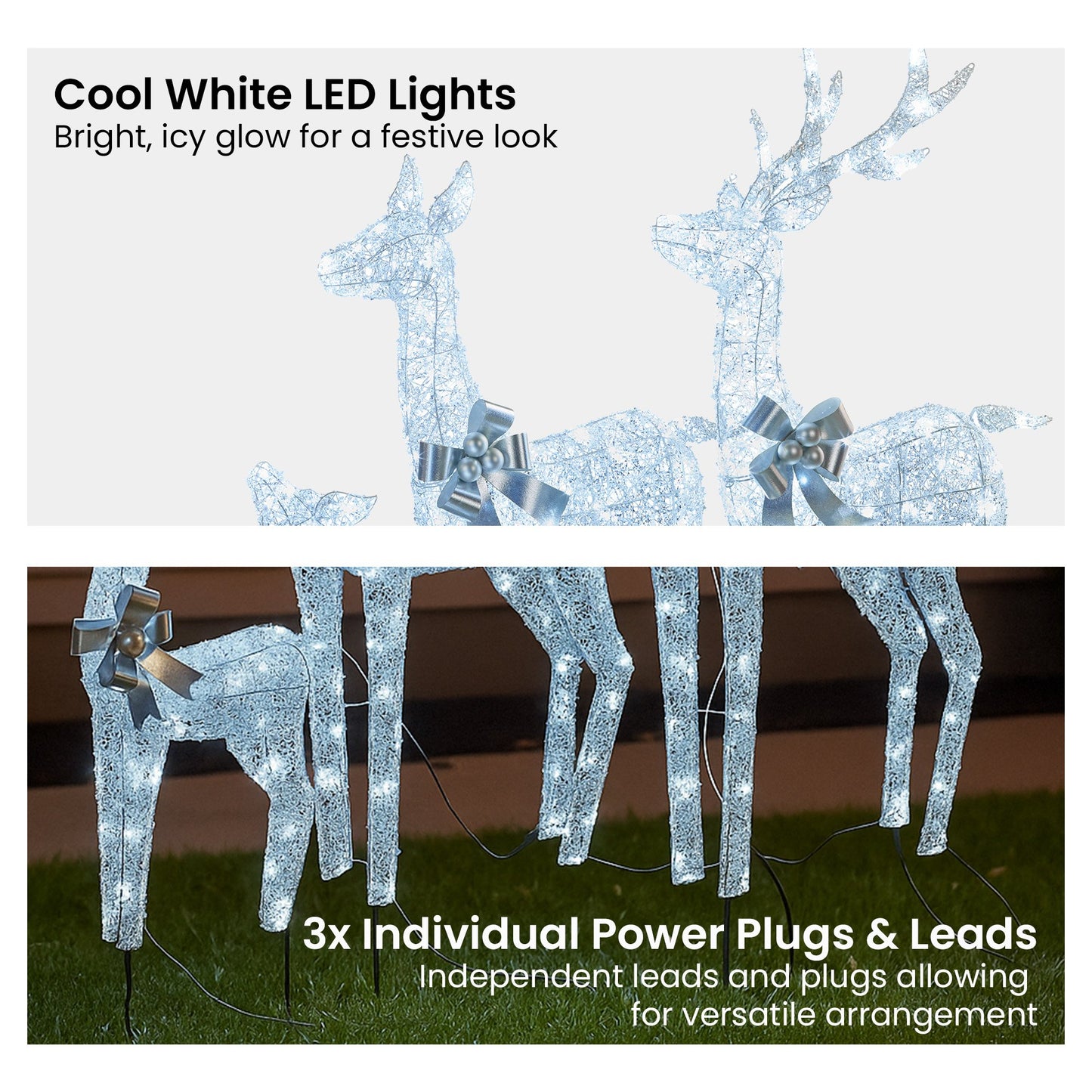 Christabelle Christmas Reindeer Display Set 3 Indoor & Outdoor Decorations Acrylic Beads Cool White LED Lights Silver - Image 5