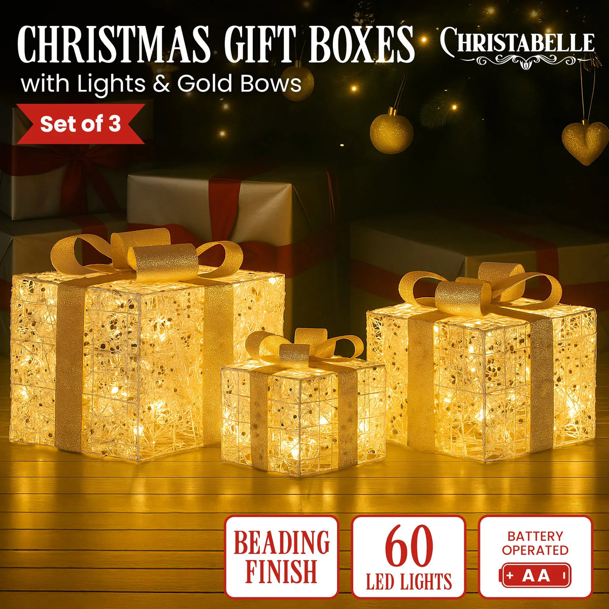 Christabelle Set of 3 Battery Operated Golden Christmas Gift Boxes w/Warm White LED Lights Indoor Decorative Holiday - Image 2