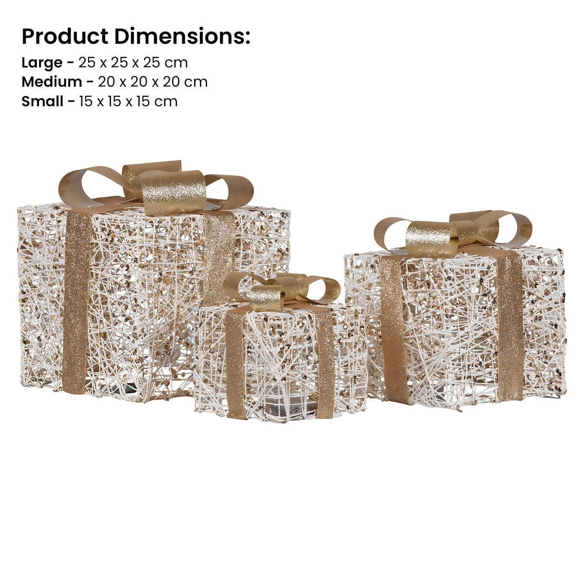 Christabelle Set of 3 Battery Operated Golden Christmas Gift Boxes w/Warm White LED Lights Indoor Decorative Holiday - Image 3