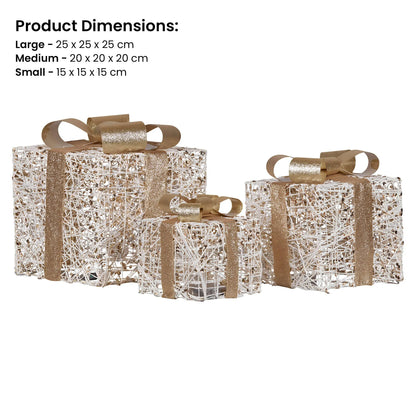 Christabelle Set of 3 Battery Operated Golden Christmas Gift Boxes w/Warm White LED Lights Indoor Decorative Holiday - Image 3