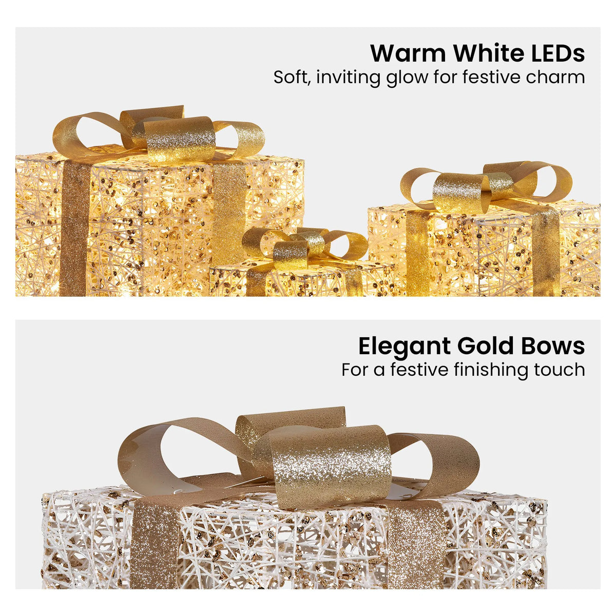 Christabelle Set of 3 Battery Operated Golden Christmas Gift Boxes w/Warm White LED Lights Indoor Decorative Holiday - Image 5
