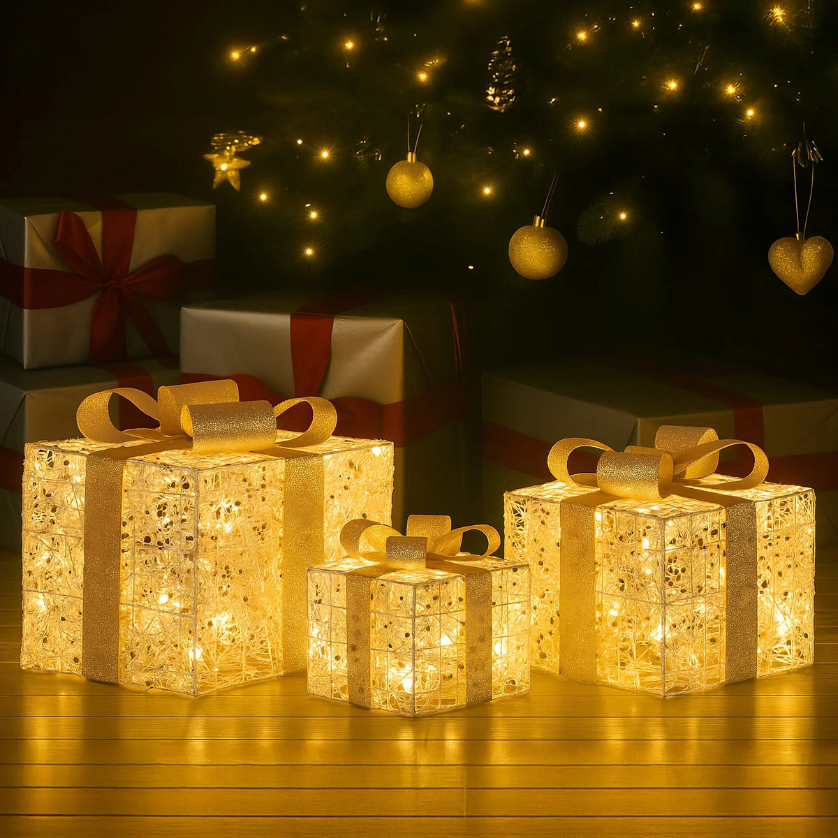 Christabelle Set of 3 Battery Operated Golden Christmas Gift Boxes w/Warm White LED Lights Indoor Decorative Holiday - Image 6