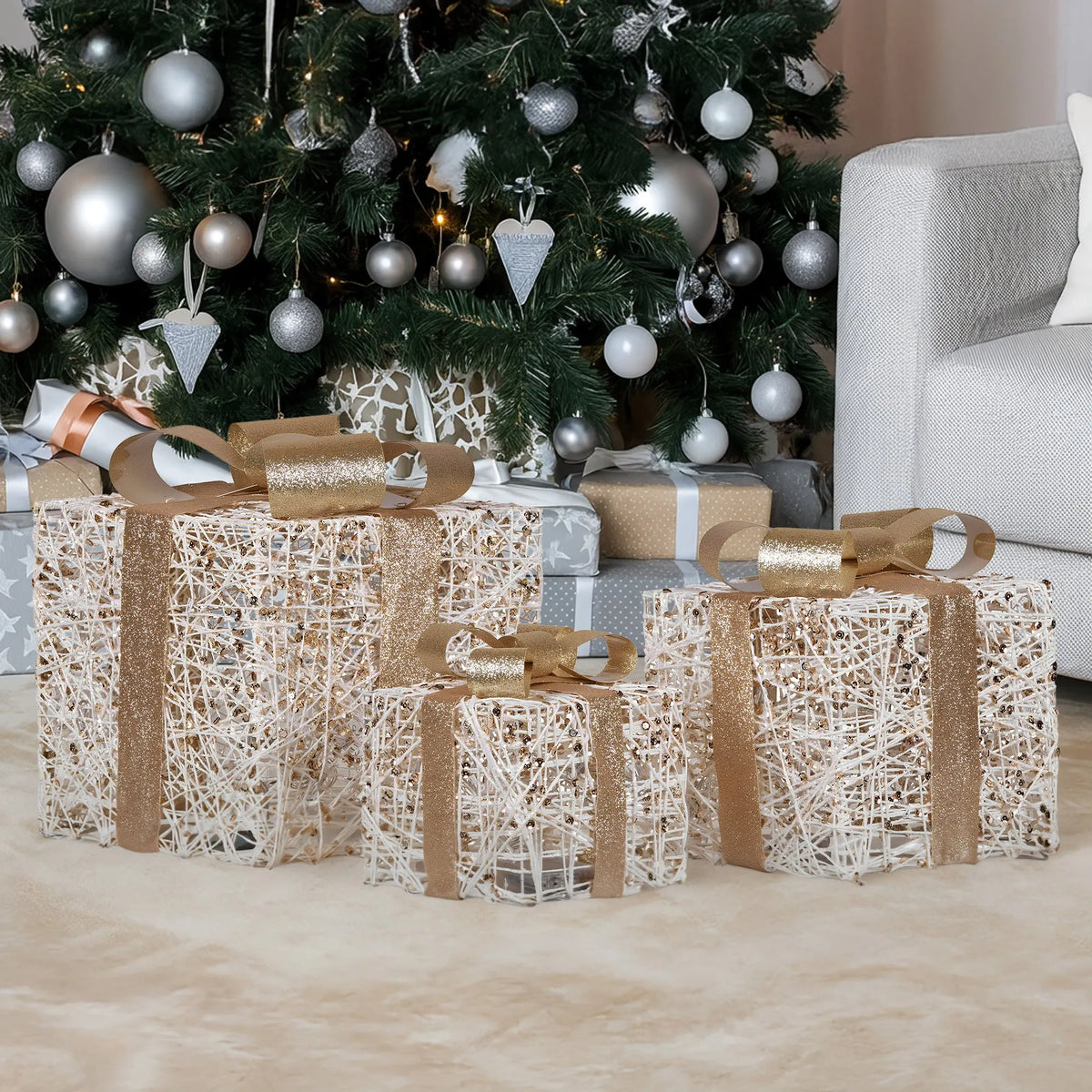 Christabelle Set of 3 Battery Operated Golden Christmas Gift Boxes w/Warm White LED Lights Indoor Decorative Holiday - Image 7