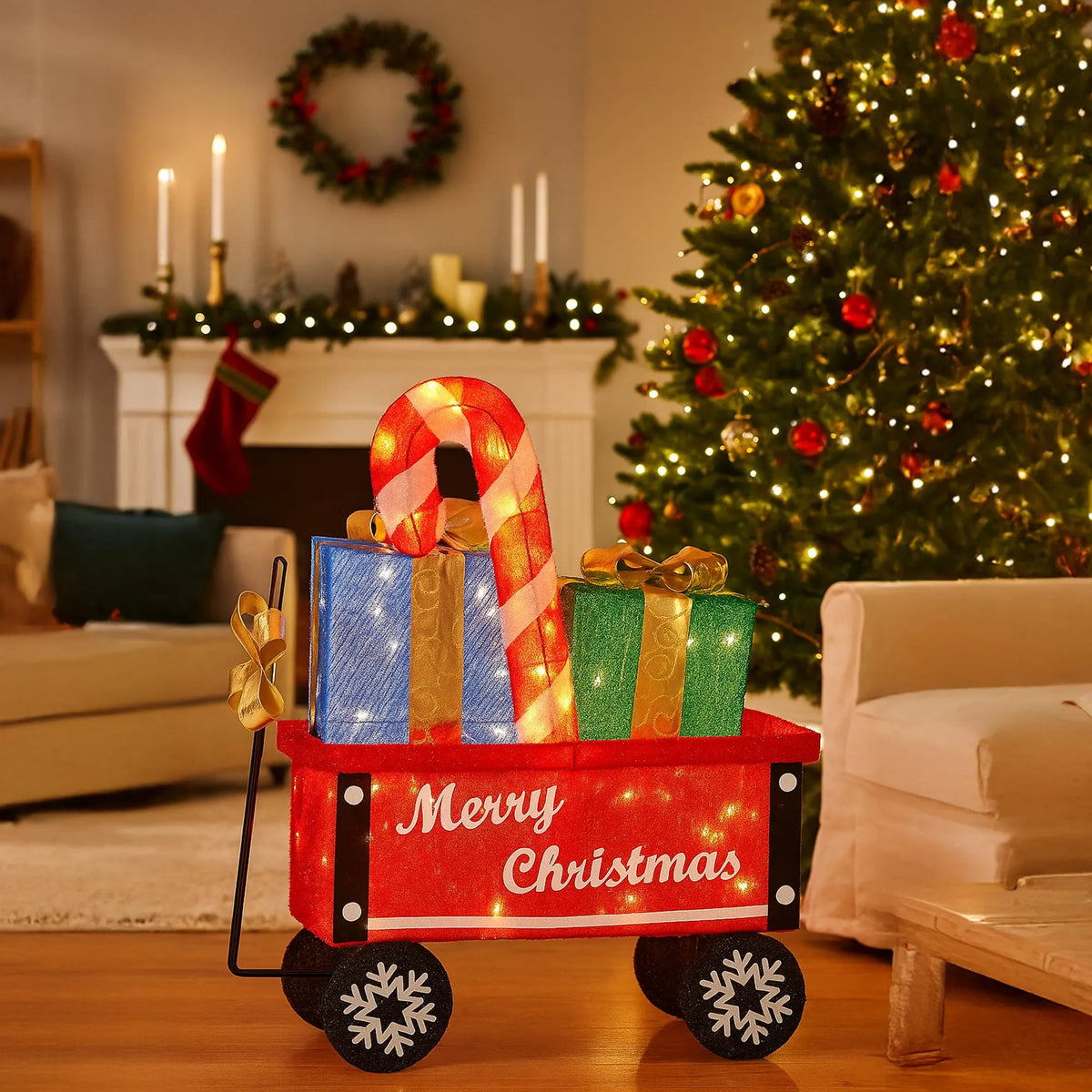 Christabelle Christmas Cart Display w/Candy Cane & Presents Warm White LED Lights Wire Frame Structure Indoor & Outdoor - Image 8