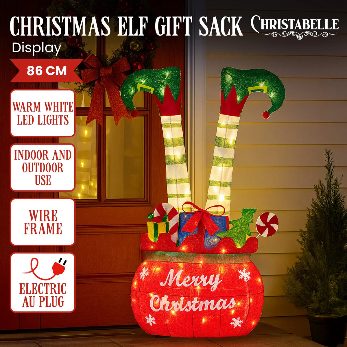 Christabelle Elf in Gift Sack Christmas Display Warm White LED Lights 86cm for Decoration w/Wire Frame Construction - Image 2
