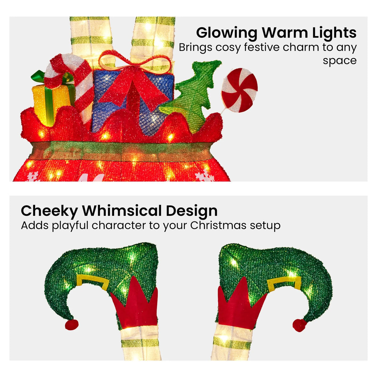 Christabelle Elf in Gift Sack Christmas Display Warm White LED Lights 86cm for Decoration w/Wire Frame Construction - Image 6