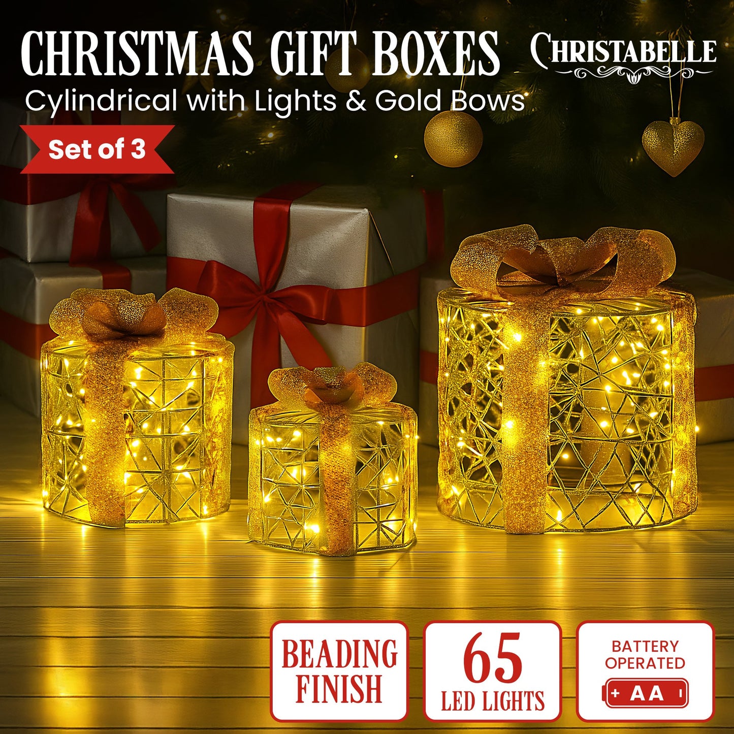 Christabelle Set of 3 Christmas Gift Box Display Gold with LED Lights and Bows Decoration Ornament Present - Image 2
