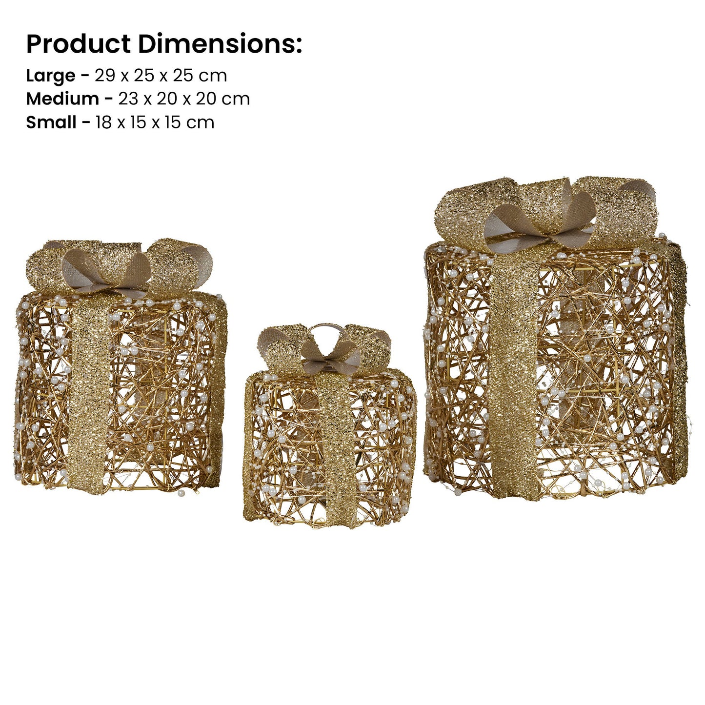 Christabelle Set of 3 Christmas Gift Box Display Gold with LED Lights and Bows Decoration Ornament Present - Image 3