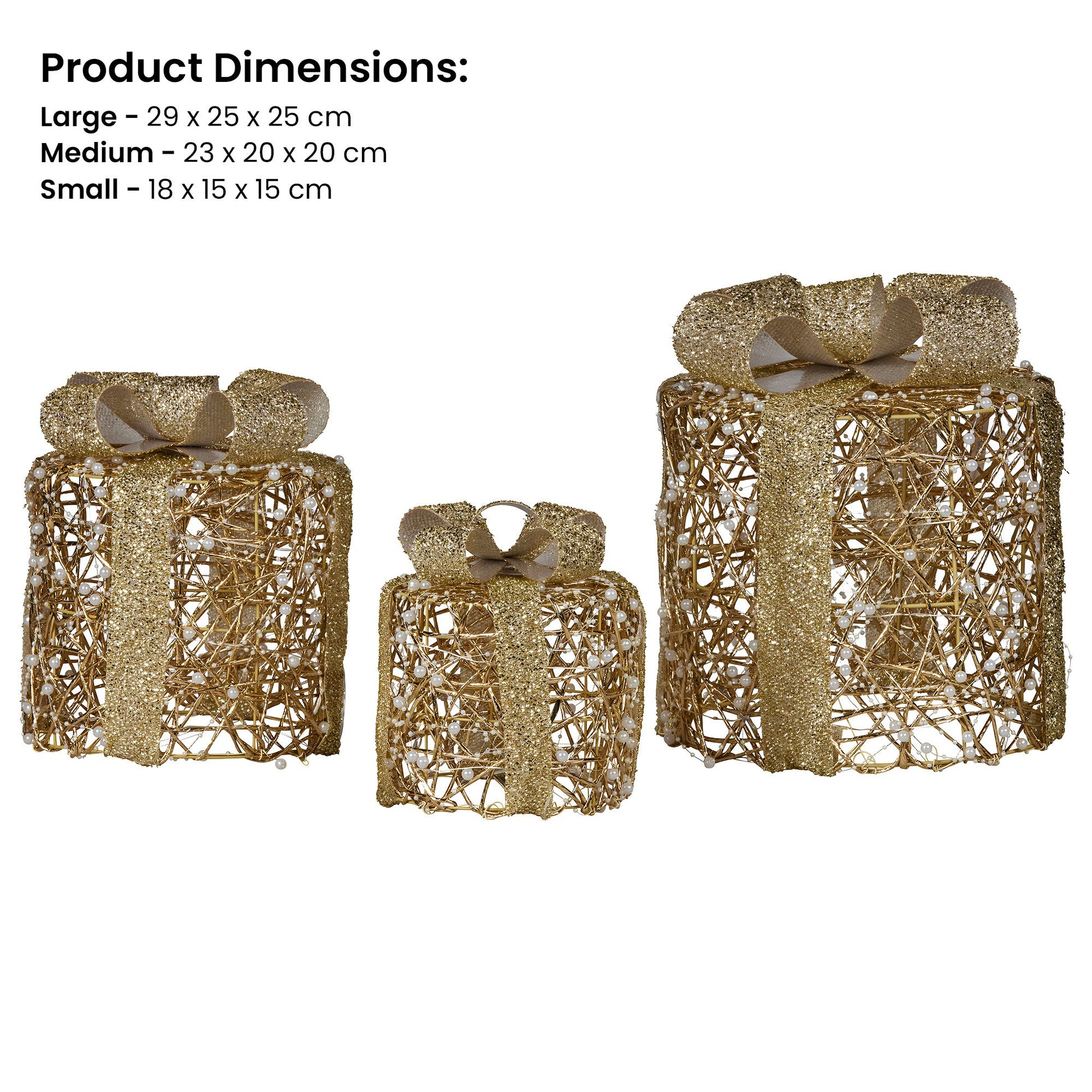 Christabelle Set of 3 Christmas Gift Box Display Gold with LED Lights and Bows Decoration Ornament Present - Image 3