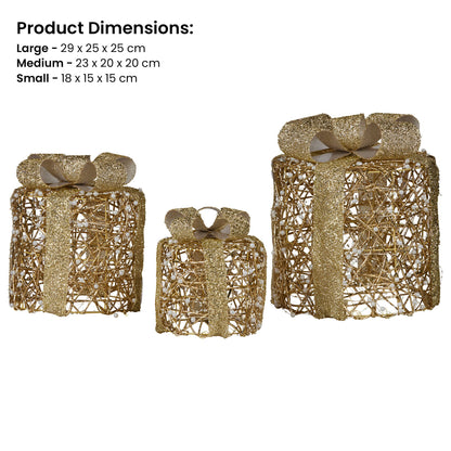 Christabelle Set of 3 Christmas Gift Box Display Gold with LED Lights and Bows Decoration Ornament Present - Image 3