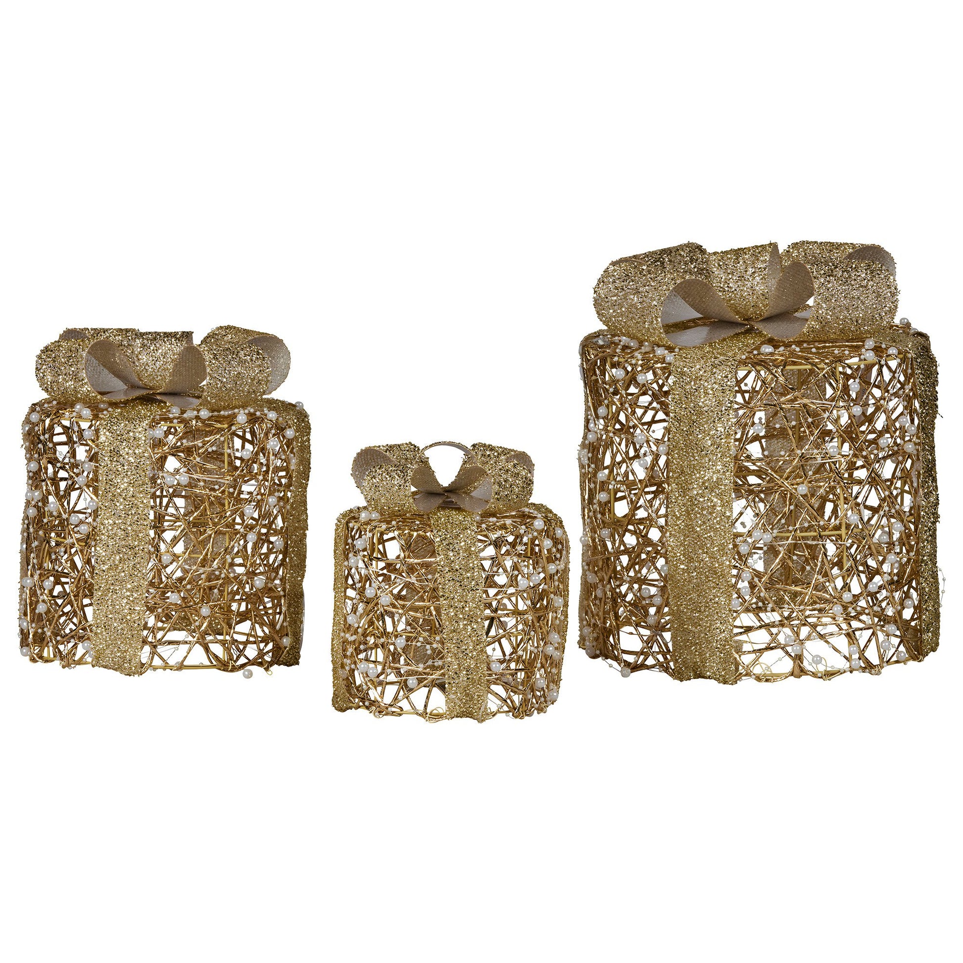 Christabelle Set of 3 Christmas Gift Box Display Gold with LED Lights and Bows Decoration Ornament Present - Image 4