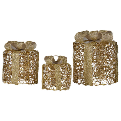 Christabelle Set of 3 Christmas Gift Box Display Gold with LED Lights and Bows Decoration Ornament Present - Image 4