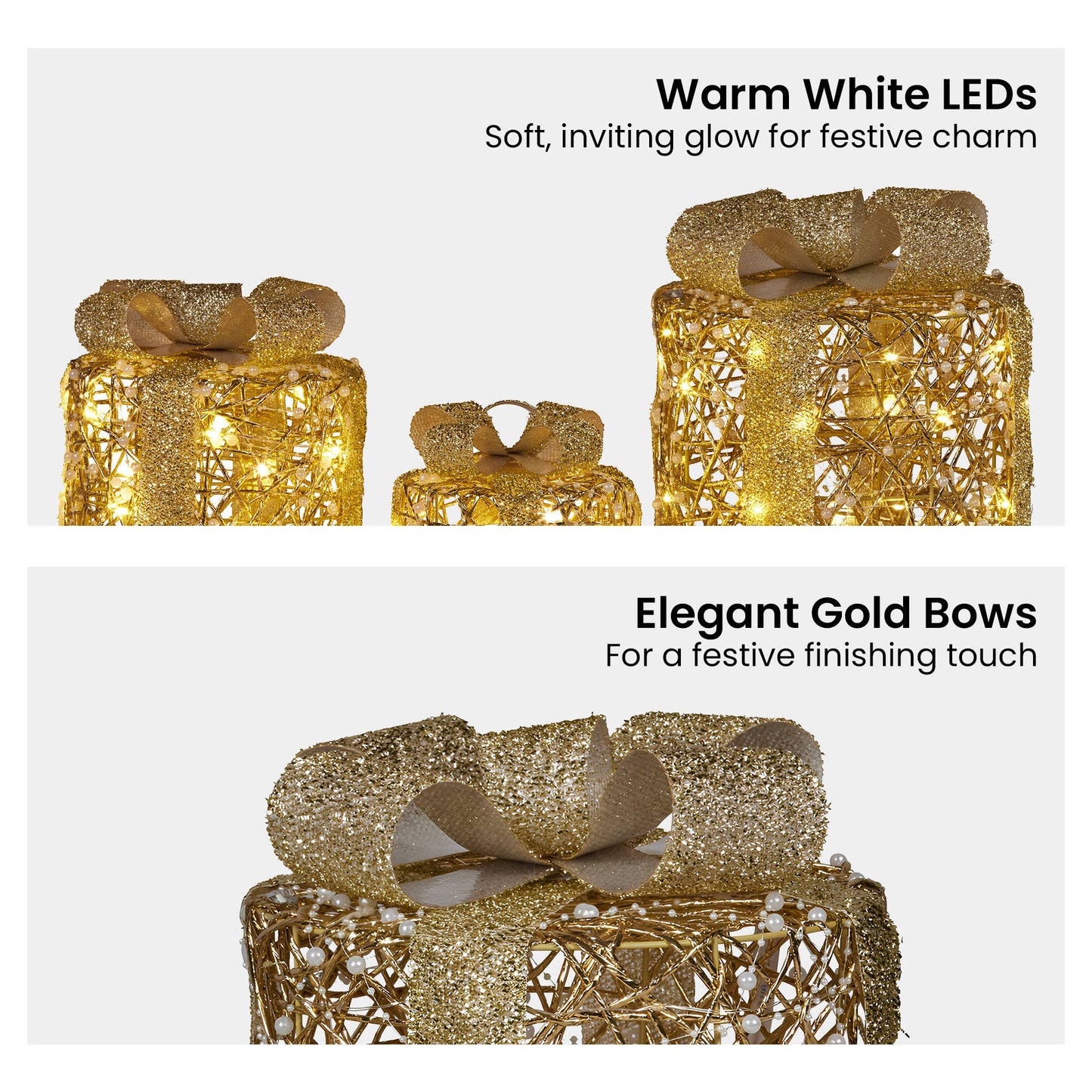 Christabelle Set of 3 Christmas Gift Box Display Gold with LED Lights and Bows Decoration Ornament Present - Image 5