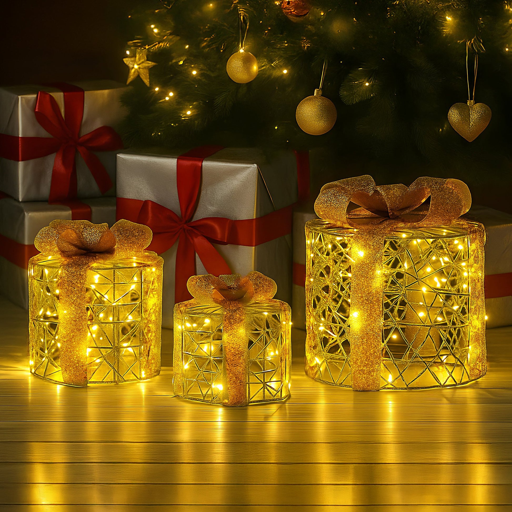 Christabelle Set of 3 Christmas Gift Box Display Gold with LED Lights and Bows Decoration Ornament Present - Image 6