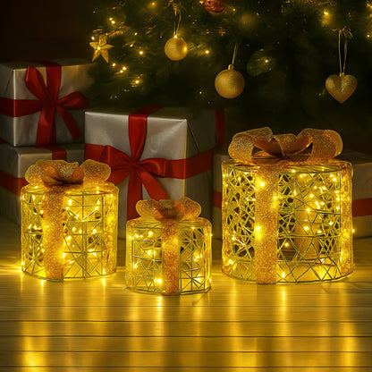 Christabelle Set of 3 Christmas Gift Box Display Gold with LED Lights and Bows Decoration Ornament Present - Image 6