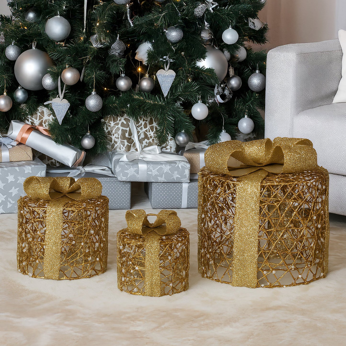 Christabelle Set of 3 Christmas Gift Box Display Gold with LED Lights and Bows Decoration Ornament Present - Image 7
