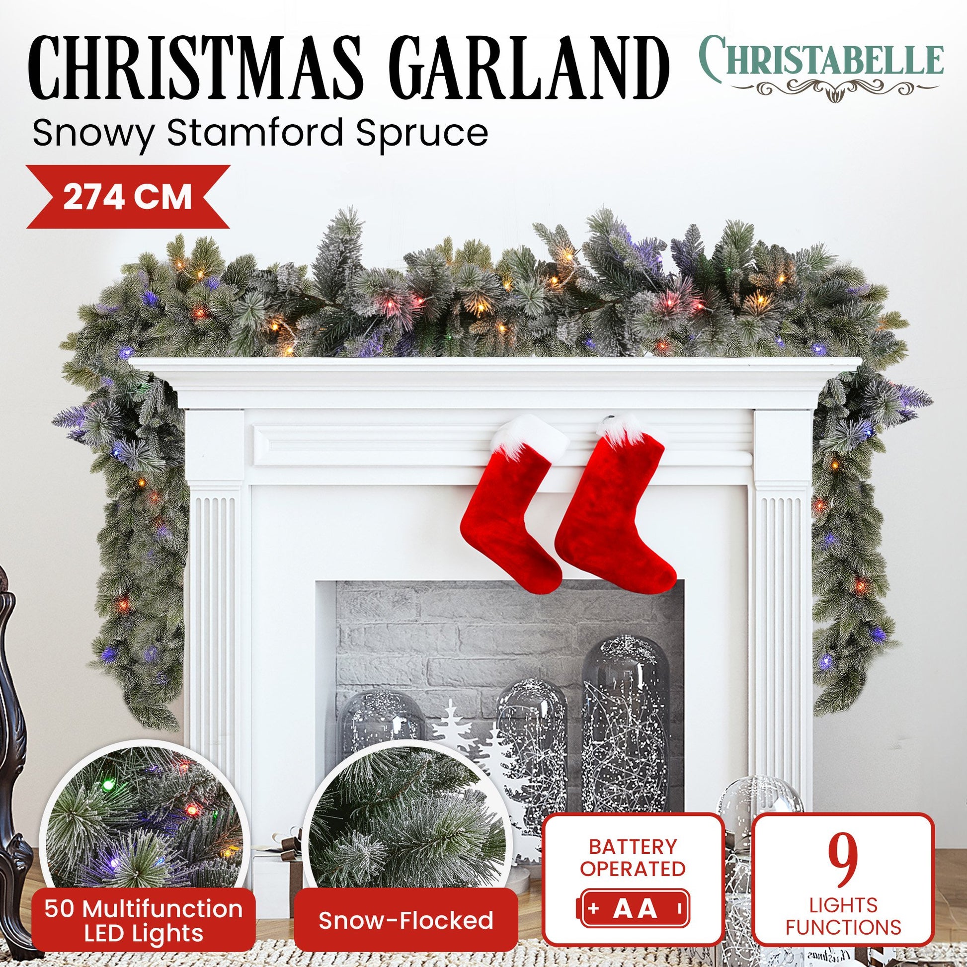 Christabelle 2.7m Christmas Garland Snowy with LED Lights Stamford Spruce Tree Decoration Ornament - Image 8